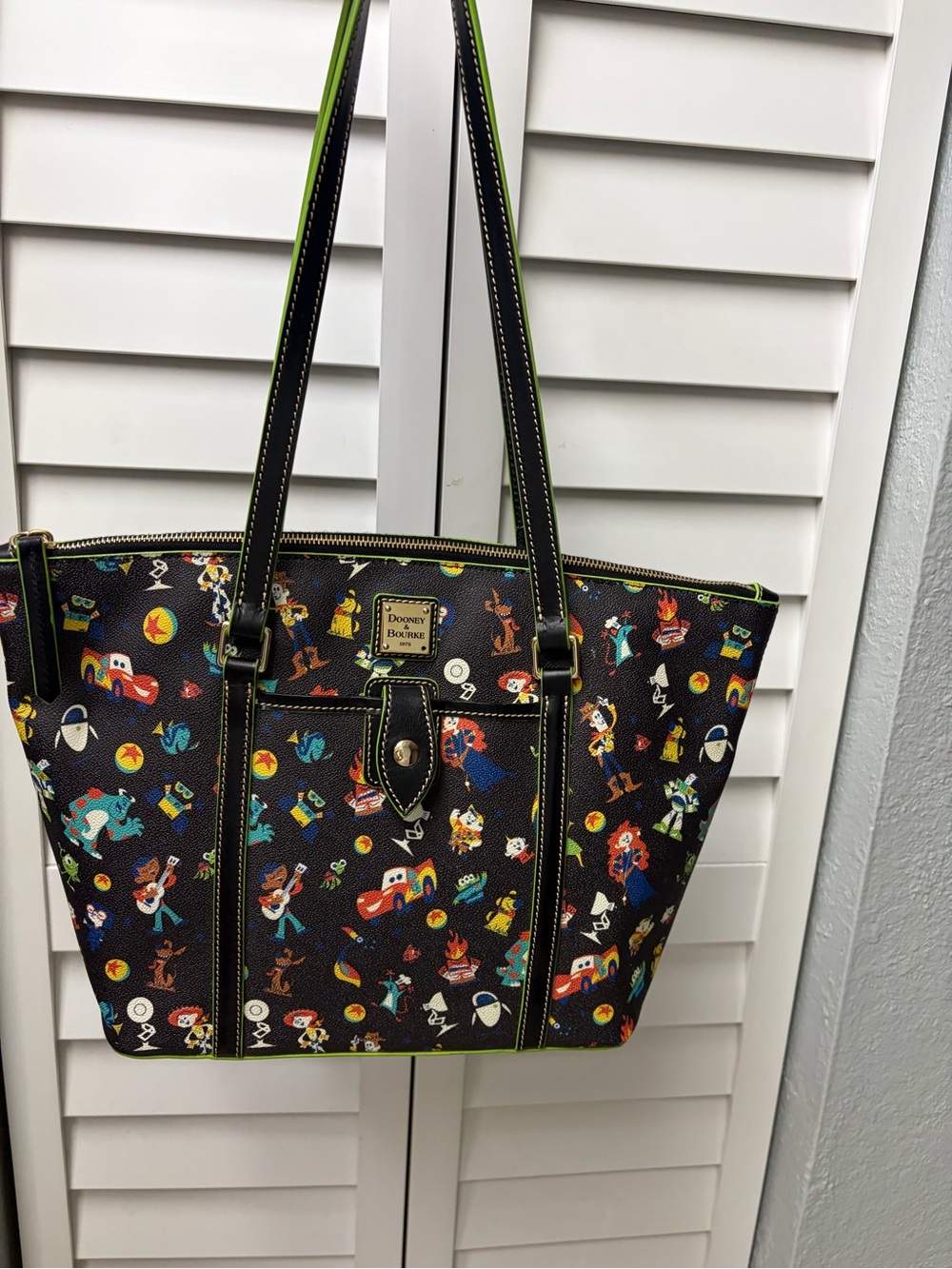 Dooney & Bourke Black Toy Story Character Print Tote with Lime Trim